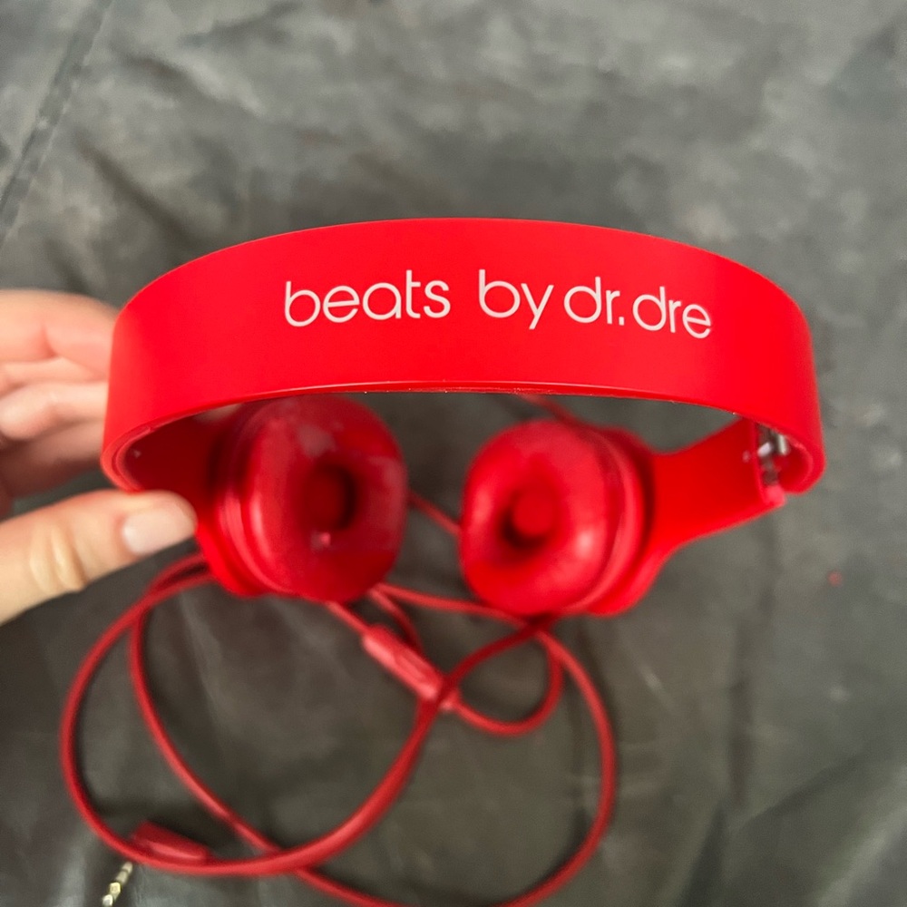 Red Beats by Dr Dre Solo on ear headphones